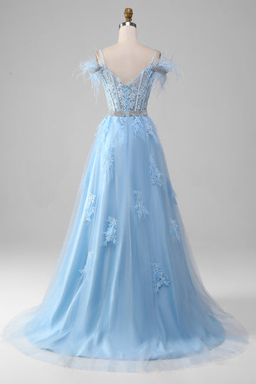 Light Blue A-Line Rhinestones Accents Corset Ball Prom Dress With Appliques